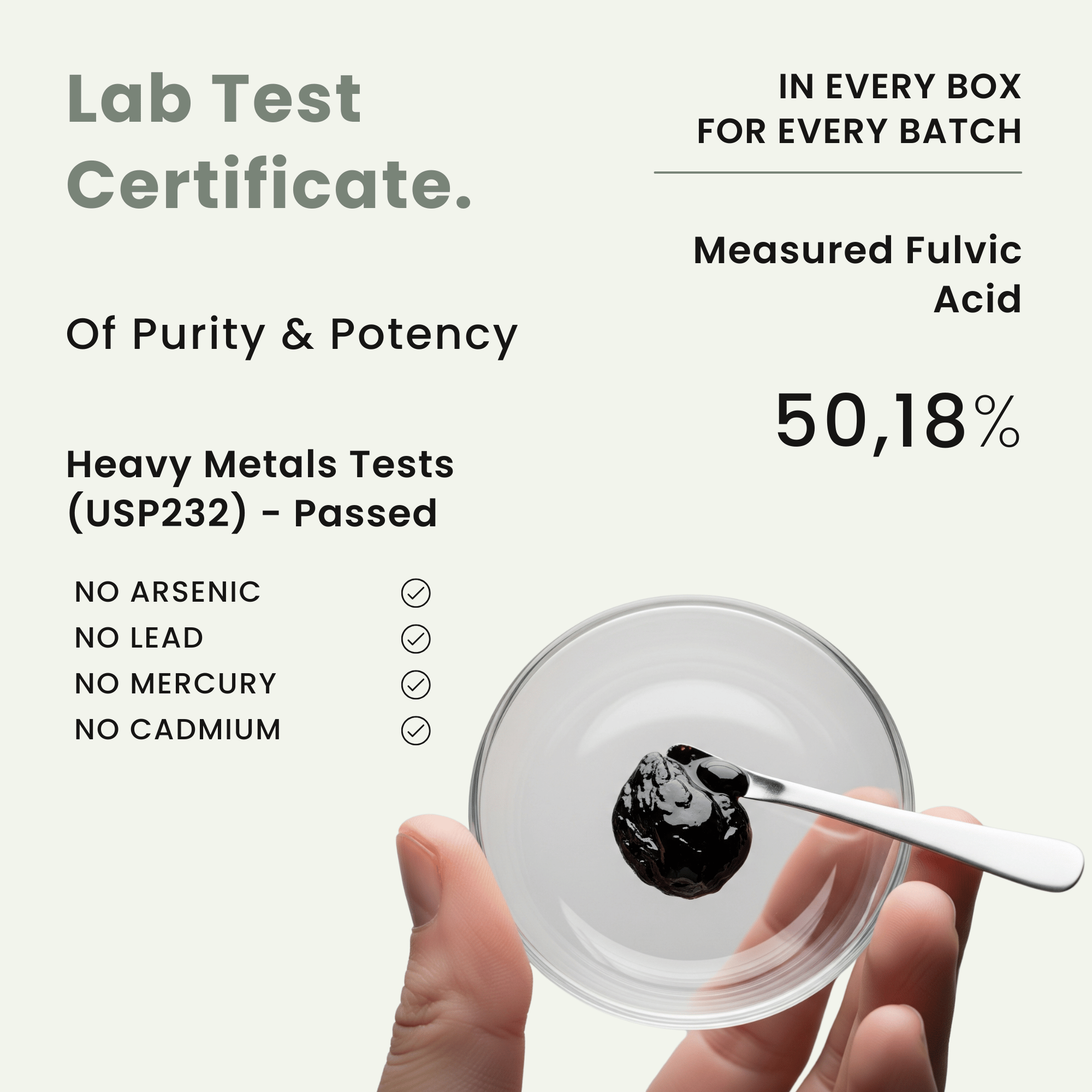 Zenbioni Shilajit Lab Test Certificate of Purity and Potency. 3rd party lab tested, ISO approved.